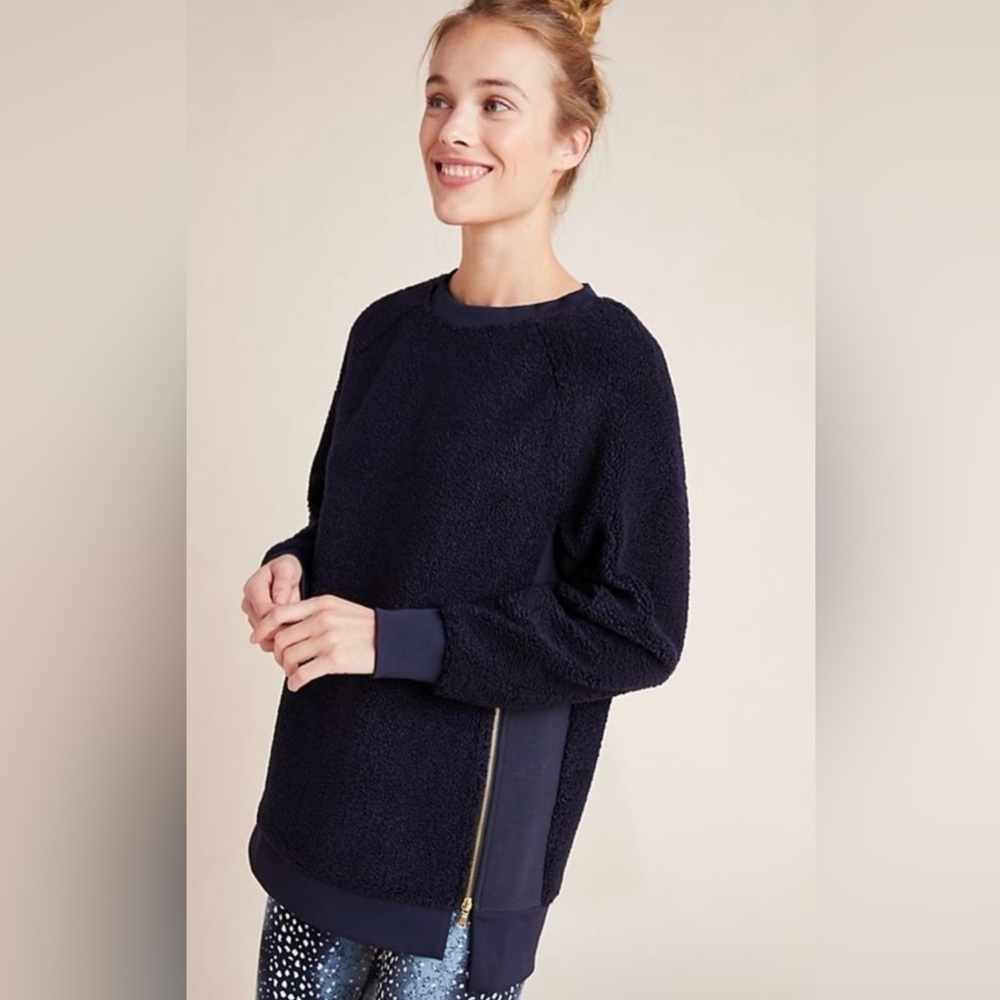 Varley Oakden Sherpa Sweatshirt Navy Blue XS Gold Zip Cozy Luxe Fleece Pullover